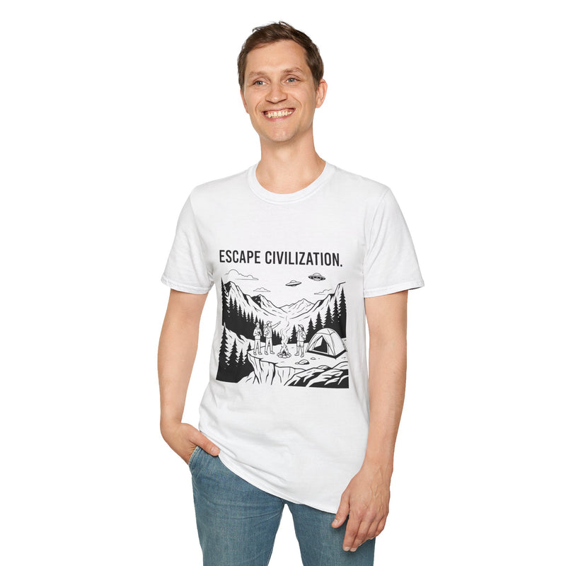 Escape Civilization T-Shirt | UFO Camping Graphic Tee | Alien Abduction Mountain Nature Shirt