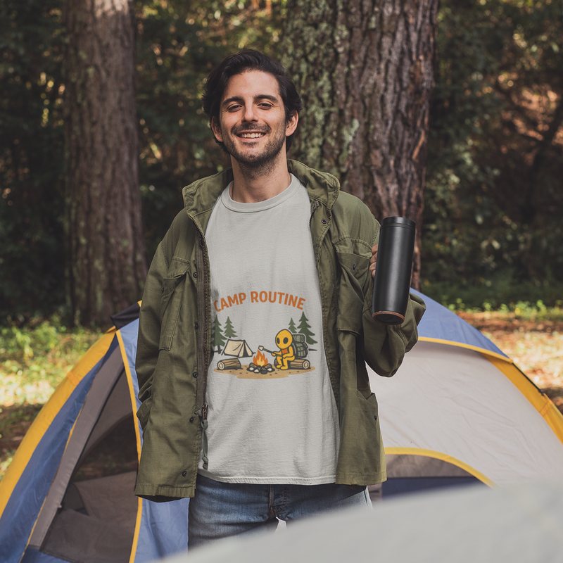 Camp Routine T-Shirt — Cute Camping Graphic Tee with Campfire & Tent