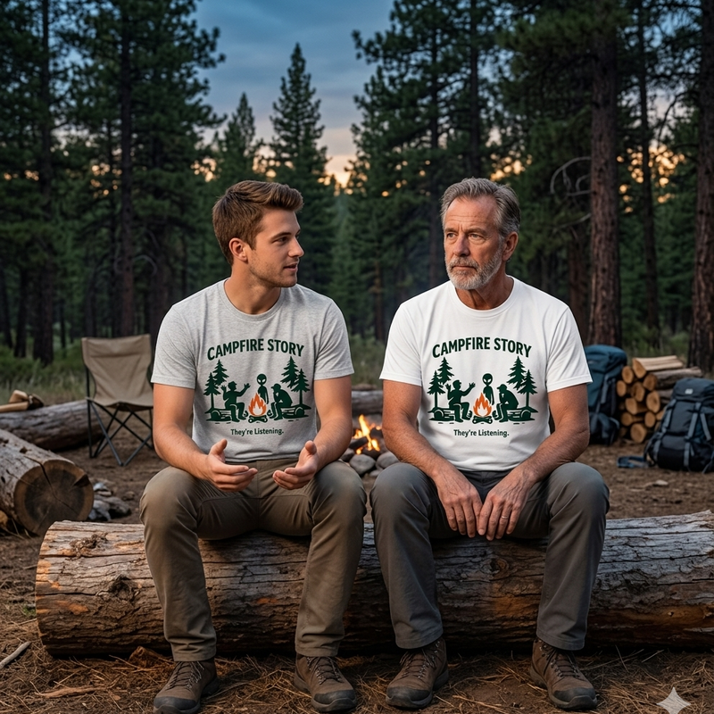 Campfire Story T-Shirt — “They’re Listening” Alien Camping T-Shirt
