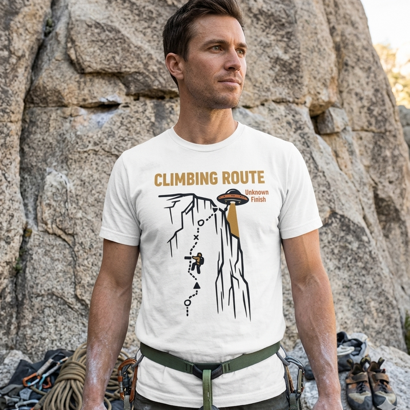 Climbing Route Graphic T-Shirt — Mountain Rock Climber Illustration