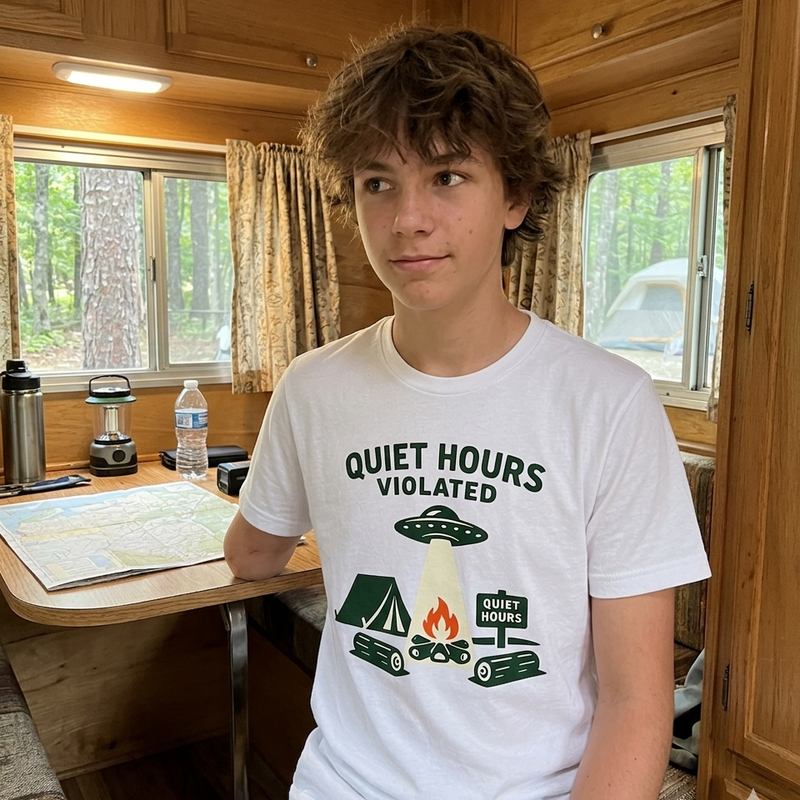 Quiet Hours Violated Camping T-Shirt – Funny UFO Campfire Tee
