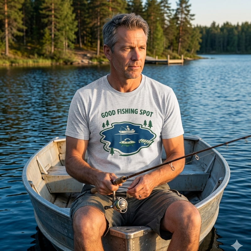 Fishing Lake T-Shirt — "Good Fishing Spot" Alien Graphic Tee