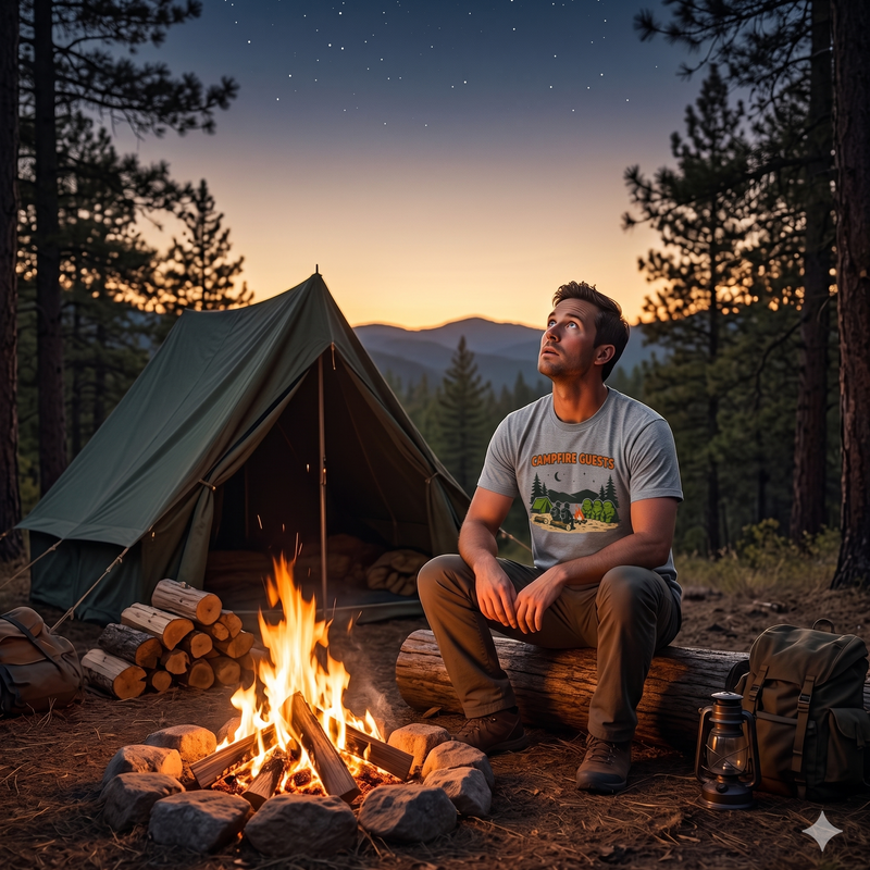 Campfire Guests Camping T-Shirt — Retro Outdoor Adventure Tee