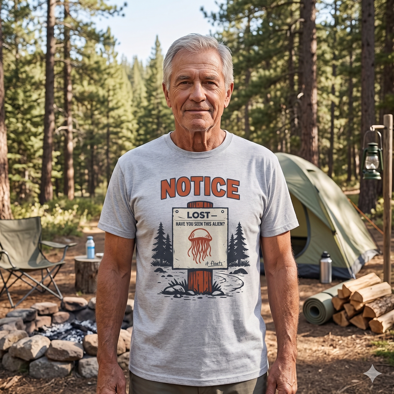 "Notice: Lost—Have You Seen This Alien?" T‑Shirt — Camping UFO Tee