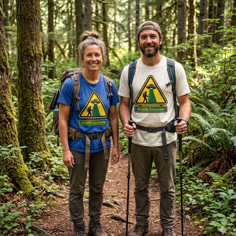 Wildlife Encounter Funny Alien Abduction Hiking T-Shirt – UFO Warning Sign Outdoor Gift for Hikers and Campers