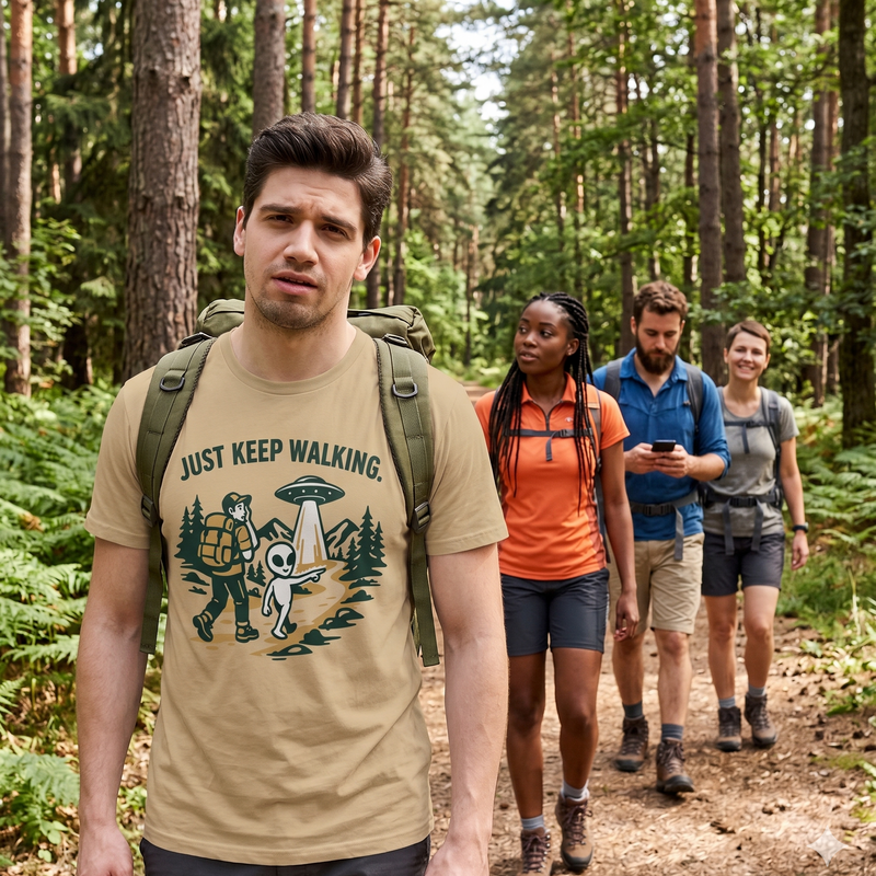 Just Keep Walking Hiking T-Shirt — Funny Alien & Hiker Graphic Tee