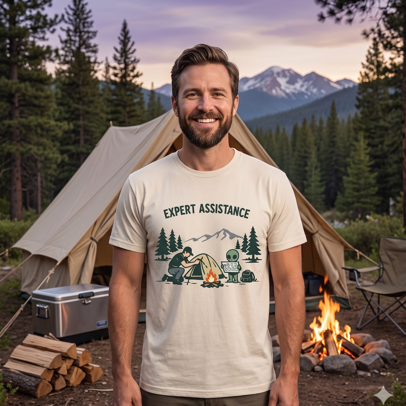 Camping T-Shirt — "Expert Assistance" Funny Camping Rescue Graphic Tee