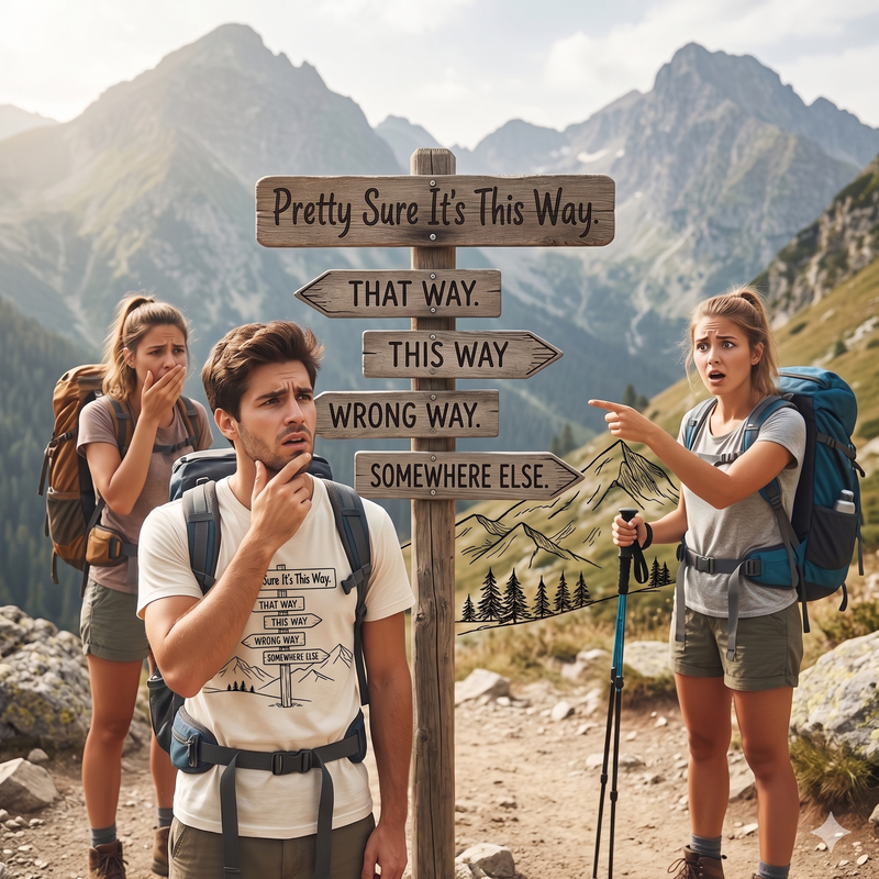 T-Shirt — Scenic Direction Sign Graphic Tee (“Pretty Sure It’s This Way”)