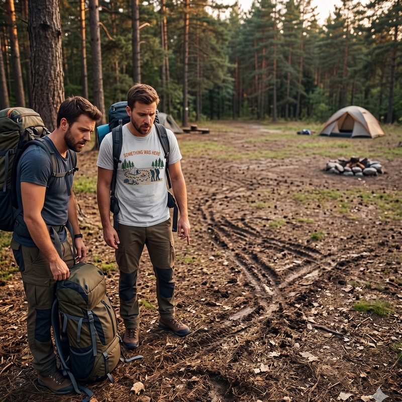 Camping T-Shirt — "Something Was Here" Funny Bigfoot Campsite Design