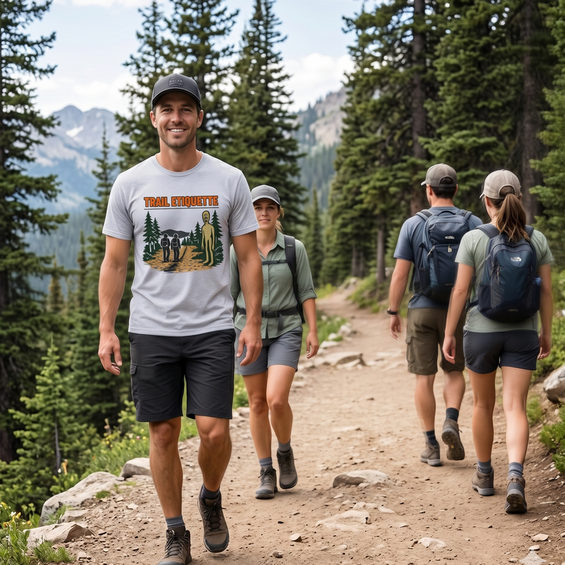 Trail Etiquette T-Shirt – Funny Hiking Shirt with Sasquatch Design