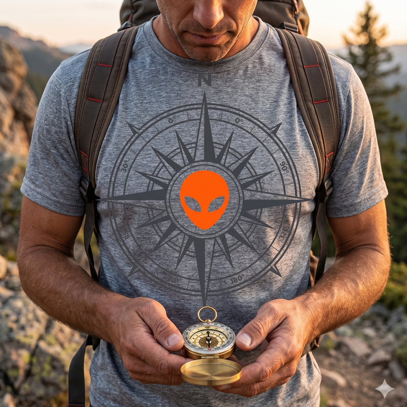 Alien Compass T-Shirt — Red UFO Emblem Graphic Tee