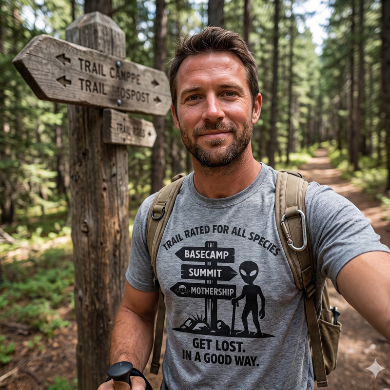 Get Lost Alien Hiking T-Shirt — "Trail Rated for All Species" Graphic Tee