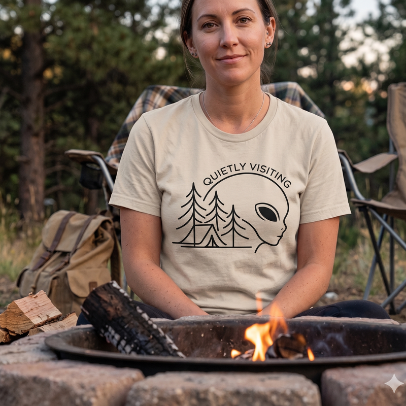 Alien Head T-Shirt — "Quietly Visiting" Alien Camping Graphic Tee