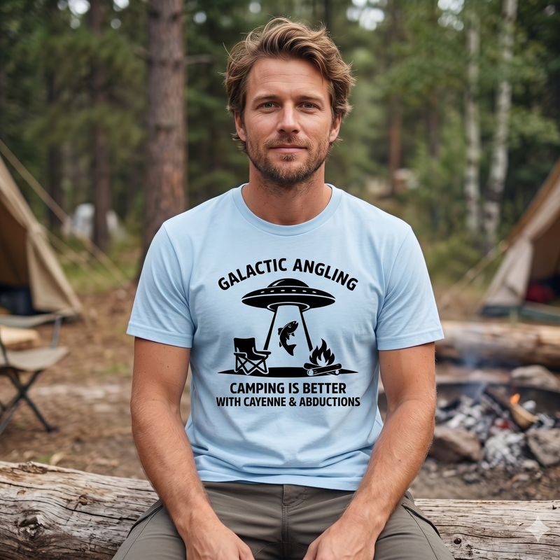 Galactic Angling UFO Camping T‑Shirt — "Camping Is Better With Cayenne & Abductions"