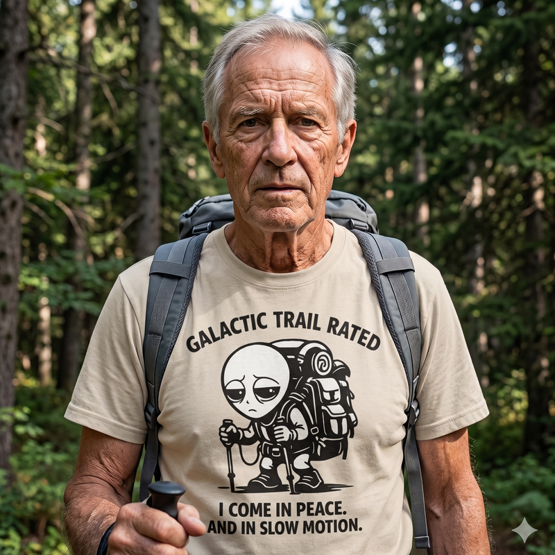 Galactic Trail Rated Alien T-Shirt — “I Come in Peace and in Slow Motion” Alien Hiking Tee