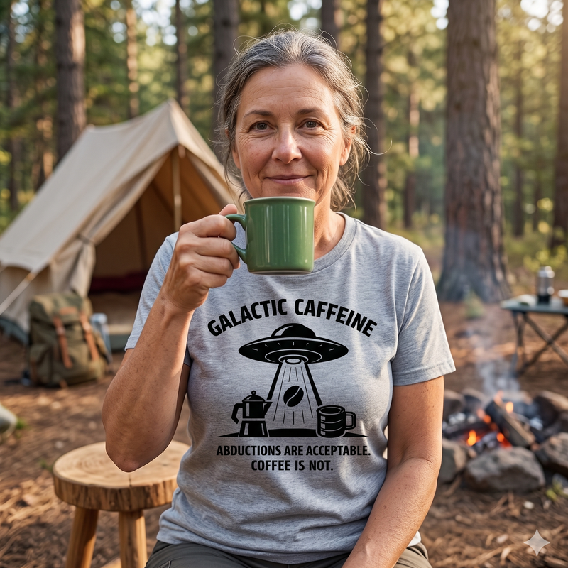 Galactic Caffeine UFO T-Shirt — “Abductions are Acceptable. Coffee is Not.” Alien Coffee Tee