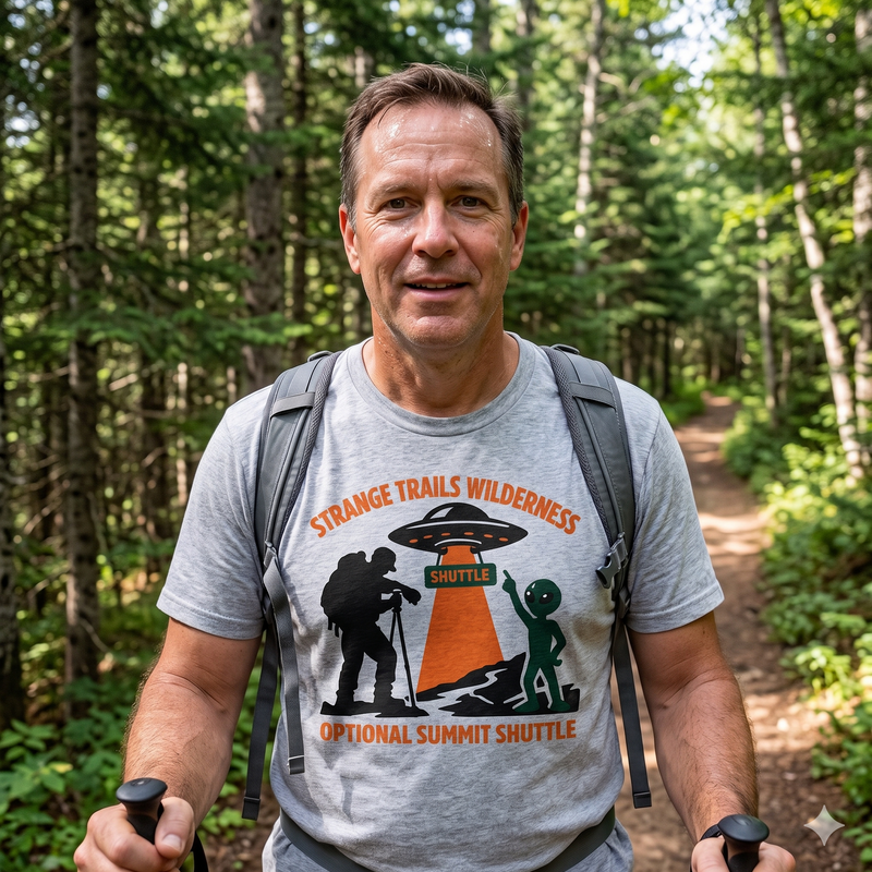 Strange Trails Wilderness Alien T‑Shirt — "Optional Summit Shuttle" Alien Hiking Tee