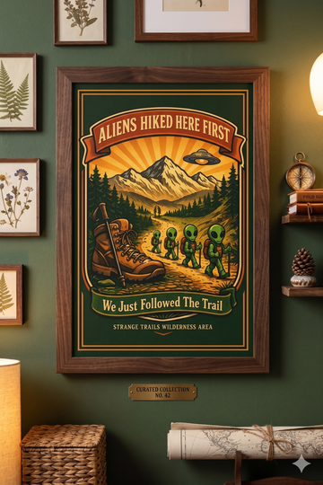 Aliens Hiked Here First Alien Hiking Poster – Retro Hiking UFO Art Print