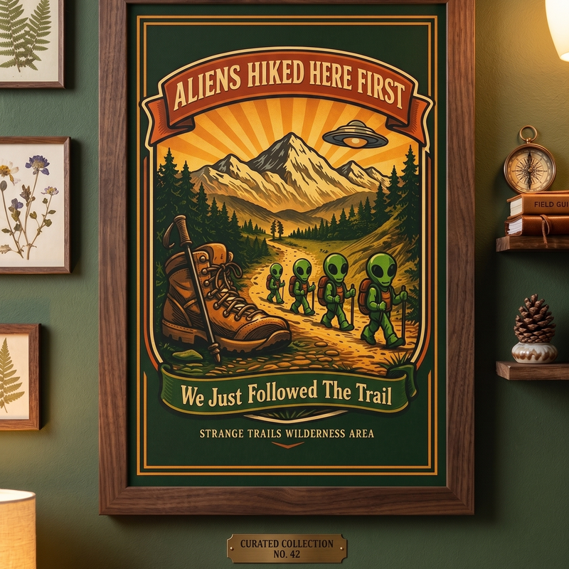 Aliens Hiked Here First Alien Hiking Poster – Retro Hiking UFO Art Print