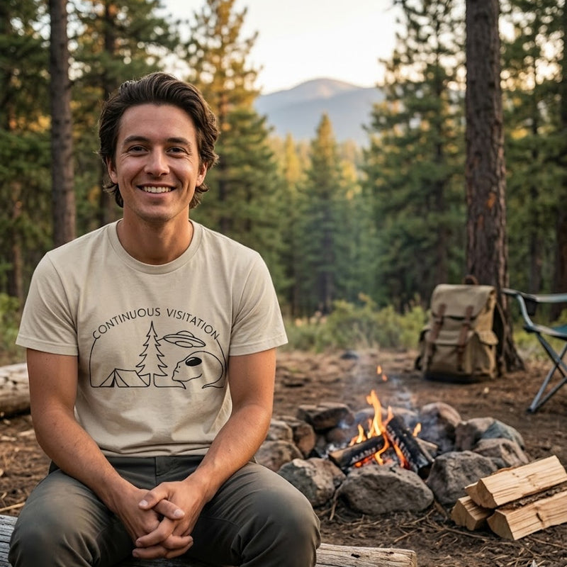 Funny Alien Camping Shirt | Strange Trails Wilderness — Continuous Visitation Camp Scene Tee