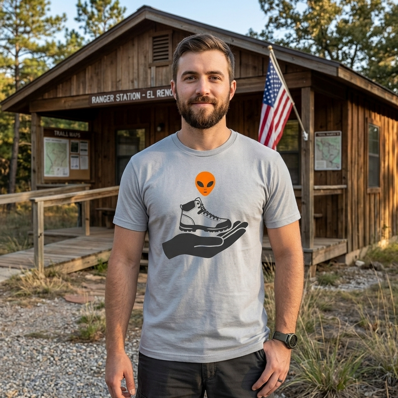 Funny Alien Hiking Gift Shirt | Strange Trails Wilderness — Alien Offers a Boot Tee