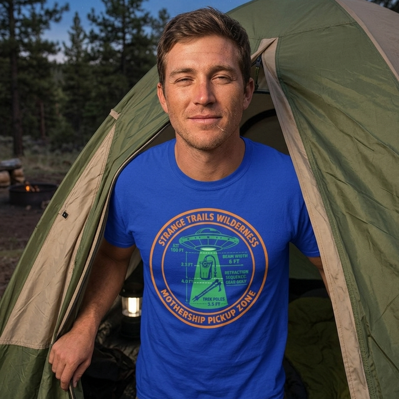 Funny Alien Hiking Shirt | Strange Trails Wilderness — Mothership Pickup Zone Gear Only Tee