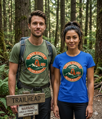 Funny Alien Activity Shirt | Strange Trails Wilderness — Trail Closed Alien Activity Badge Tee