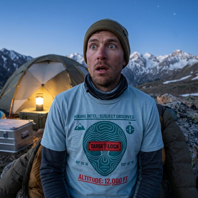 Funny Alien Hiking Shirt | Strange Trails Wilderness — Hiking Intel Target Lock 12,000 FT Tee