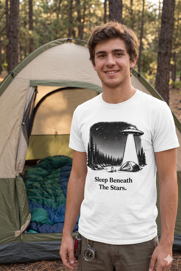 Sleep Beneath the Stars - UFO Abduction Camping T-Shirt | Funny Alien Night Sky Graphic Tee