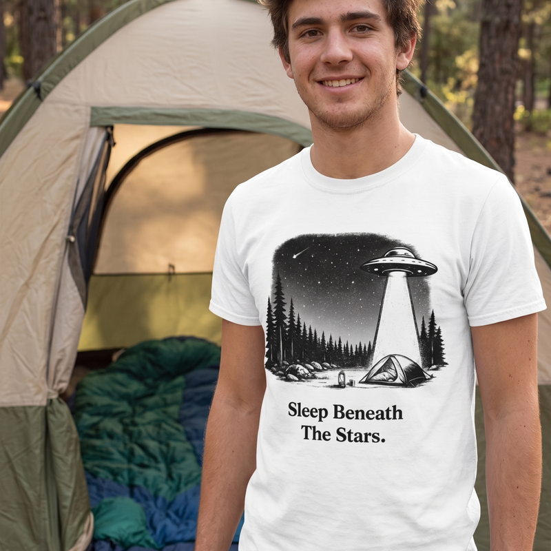 Sleep Beneath the Stars - UFO Abduction Camping T-Shirt | Funny Alien Night Sky Graphic Tee