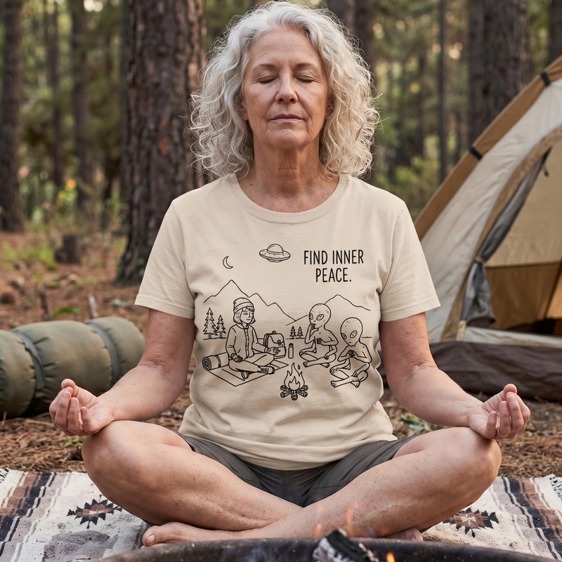 Find Inner Peace Retro Alien Meditation T-Shirt | Funny UFO Yoga Camping Graphic Tee
