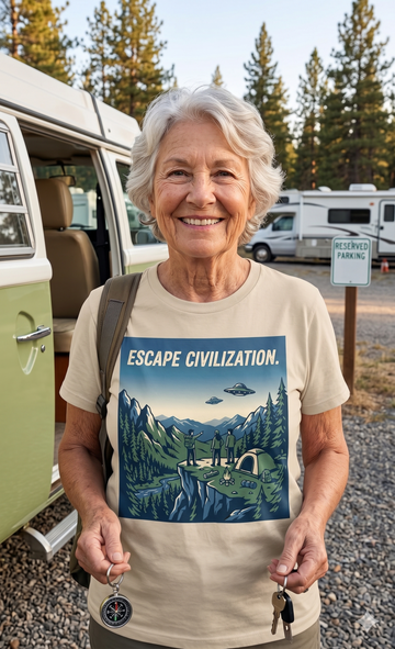 Escape Civilization Color Graphic Tee | UFO Camping Mountain Shirt | Alien Sighting Hiking Gift