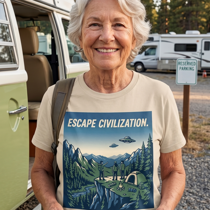 Escape Civilization Color Graphic Tee | UFO Camping Mountain Shirt | Alien Sighting Hiking Gift