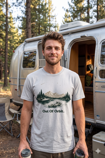 Out of Orbit Scenic T‑Shirt — Retro Mountain Lake Graphic