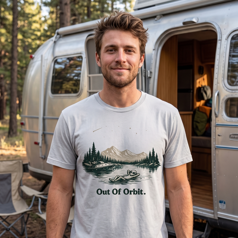 Out of Orbit Scenic T‑Shirt — Retro Mountain Lake Graphic