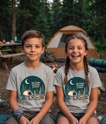 Relaxing Weekend Getaway Color T-Shirt | Cute Alien Camping Graphic Tee | Funny UFO Campfire Shirt