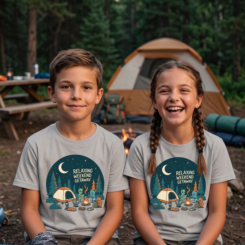 Relaxing Weekend Getaway Color T-Shirt | Cute Alien Camping Graphic Tee | Funny UFO Campfire Shirt