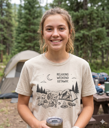 Relaxing Weekend Getaway Funny Alien Camping T-Shirt | UFO Campfire Full Moon Graphic Tee