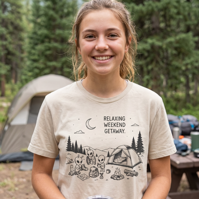 Relaxing Weekend Getaway Funny Alien Camping T-Shirt | UFO Campfire Full Moon Graphic Tee