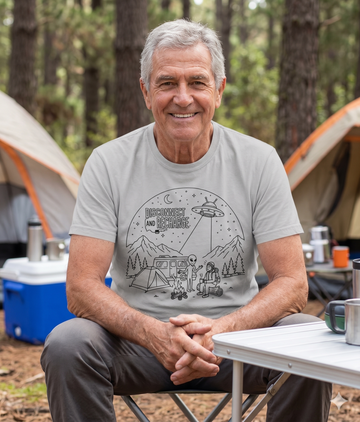 Disconnect and Recharge Camping T‑Shirt — Retro UFO Night Sky Outdoor Tee