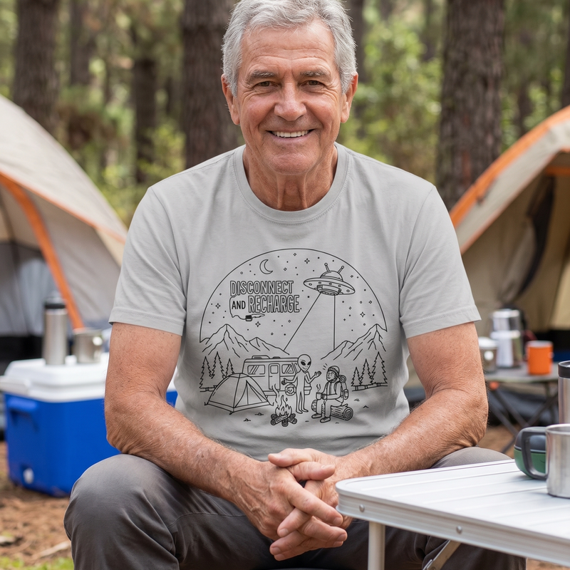 Disconnect and Recharge Camping T‑Shirt — Retro UFO Night Sky Outdoor Tee