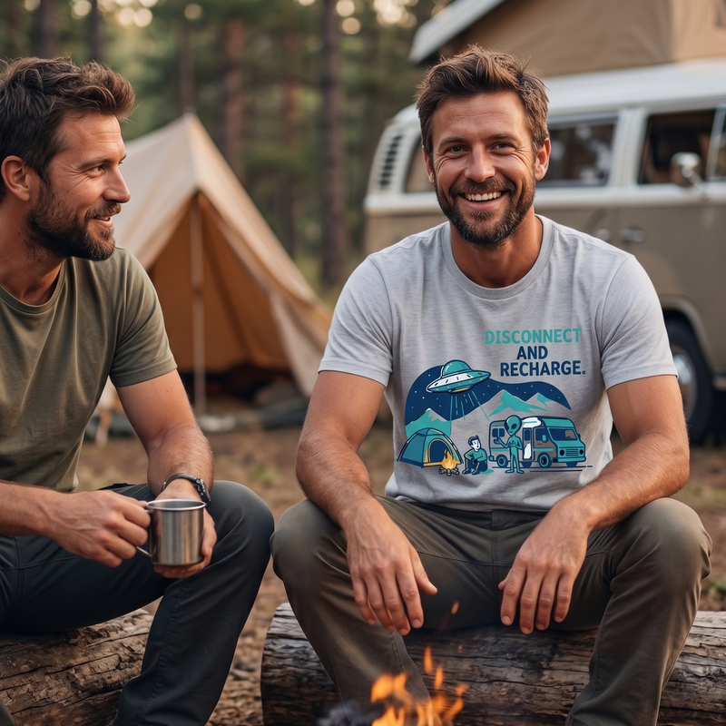 Disconnect and Recharge Color T-Shirt | Alien Van Life UFO Camping Tee | Funny Camper Van Graphic Shirt |