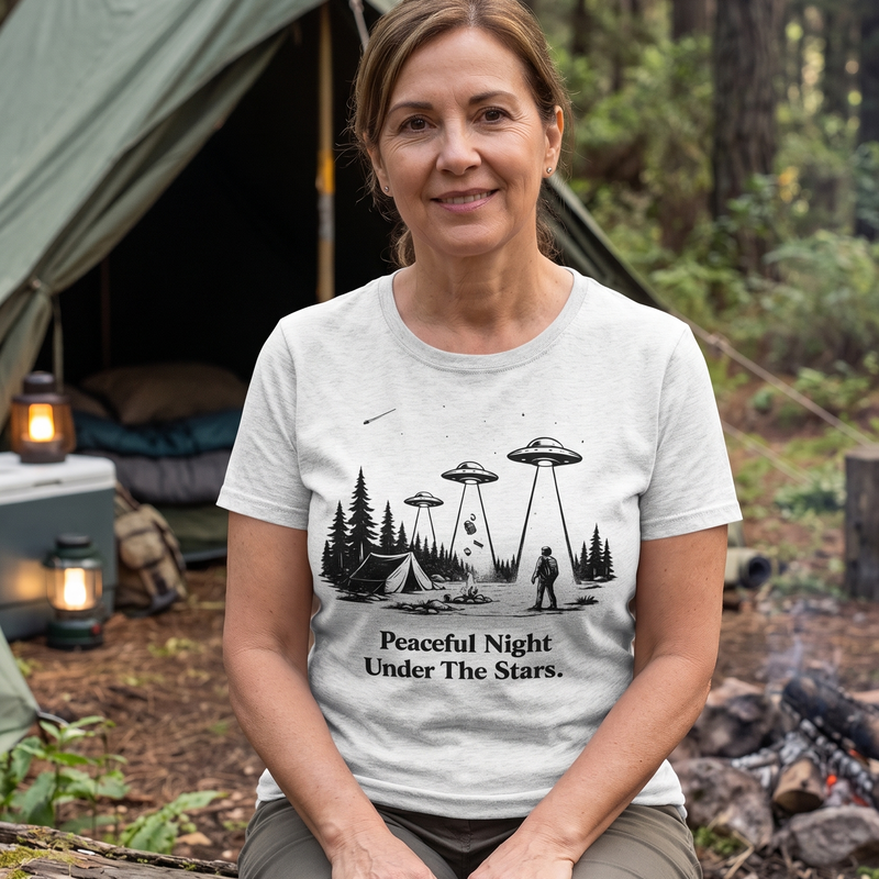 Peaceful Night Under the Stars — Triple UFO Abduction Camping Graphic T-Shirt