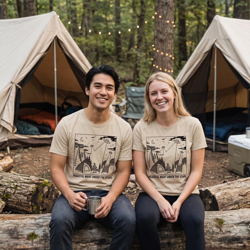 Peaceful Night Under the Stars T-Shirt | Three UFO Abduction Camping Tee | Funny Alien Chaos Graphic Shirt