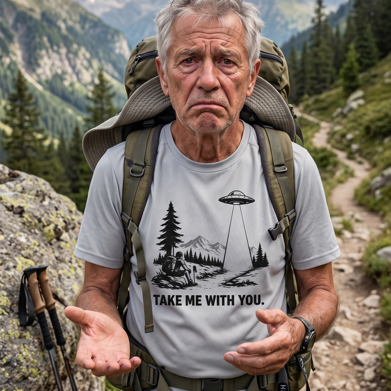 Take Me With You T-Shirt | Cinematic UFO Hiker Graphic Tee