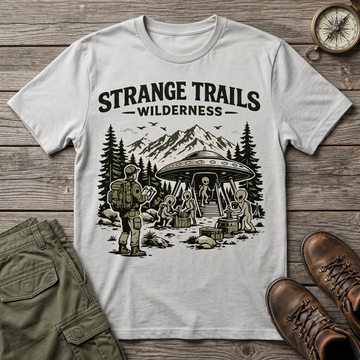 Strange Trails Wilderness 1 T-Shirt — Retro UFO Camping Hiking Graphic Tee