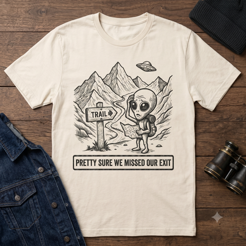 Pretty Sure We Missed Our Exit T-Shirt — Alien Hiker Graphic Tee