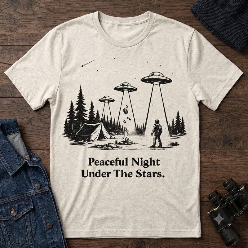 Peaceful Night Under the Stars — Triple UFO Abduction Camping Graphic T-Shirt