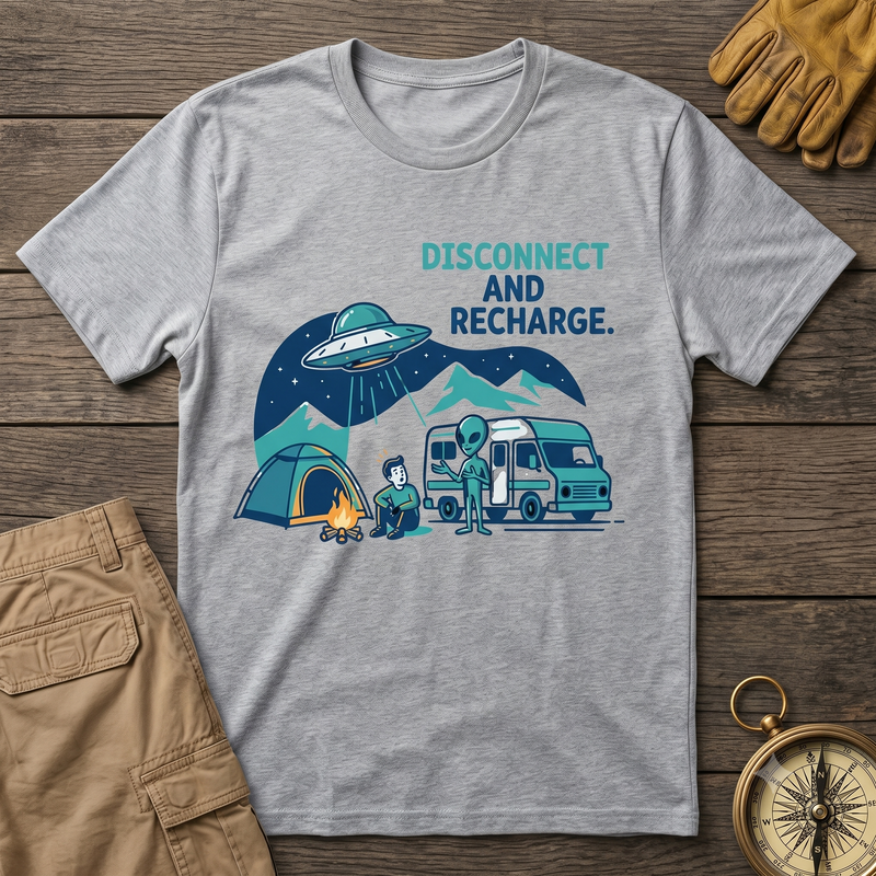 Disconnect and Recharge Color T-Shirt | Alien Van Life UFO Camping Tee | Funny Camper Van Graphic Shirt |