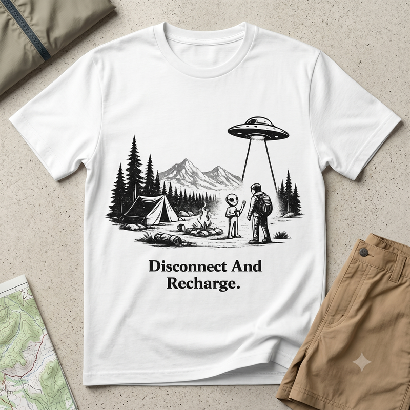 Disconnect and Recharge1 T-Shirt | Alien Hiker UFO Campfire Graphic Tee |